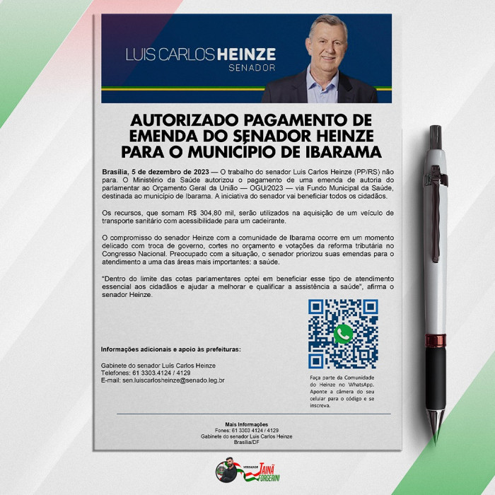 Autorizado pagamento de Emenda R$ 304.000,00 para saúde do Senador Heinze 